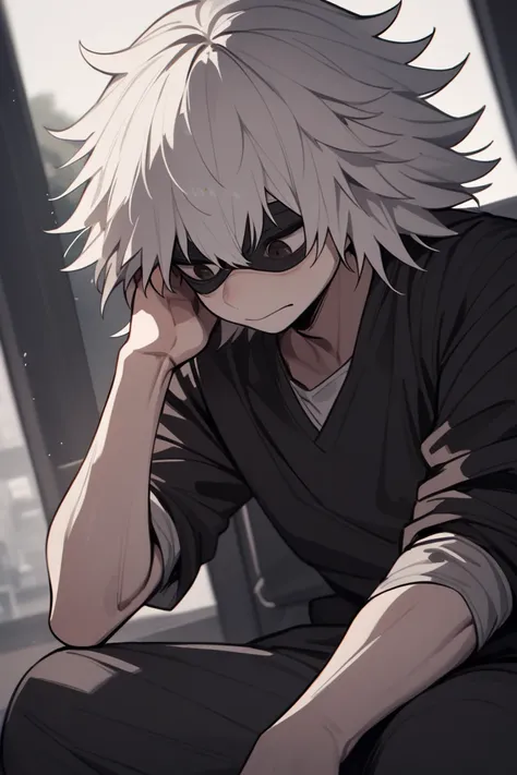 1 boy,   male focus  , kaneki ken, tokyo ghoul, Happy, sitting, normal expression,maduro,   long hair , maturity  ,   olhando para o lado  ,  point,   upper body ,   cinematic angle  , (  masterpiece  ), (   Better quality), (  super detailed  ), aesthetic...