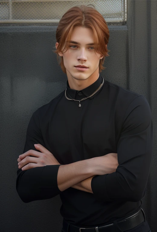 Handsome man in black shirt with hazel eyes natural red hair in a ponytail and standing with crossed arms , (sfw) safe for work,