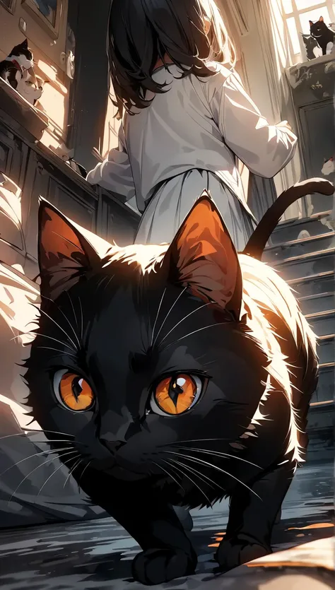 ((A cat)), Being stared at by a cat, Eyes on the hunt,  cute cat, Front legs dangling,  low angle:1.2,  beautiful illustrations, ( top quality :1.2,  very detailed,  attention to detail, Digital Coloring,  High Contrast , masterpiece:1.2,  top quality ,  b...