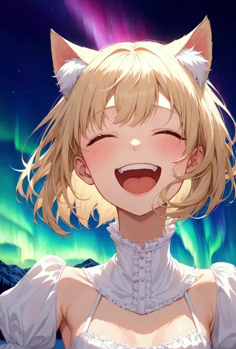   one girl  , alone,   shortcuts,   bob hair,  blondes, cat ears,Aurora Borealis background, first round,Light clothing,  Small Boobs ,  girl ,  golden eyes, masterpiece,   anatomically correct  ,   Top Quality  , Accurate,   Textured Skin,  Laughing / Goo...