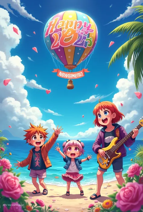 Happy New Year 2025 psychedelic style with the Spy Family characters on the beach anime style with a ballooning balloon in the sky with a band of "Happy 2025"