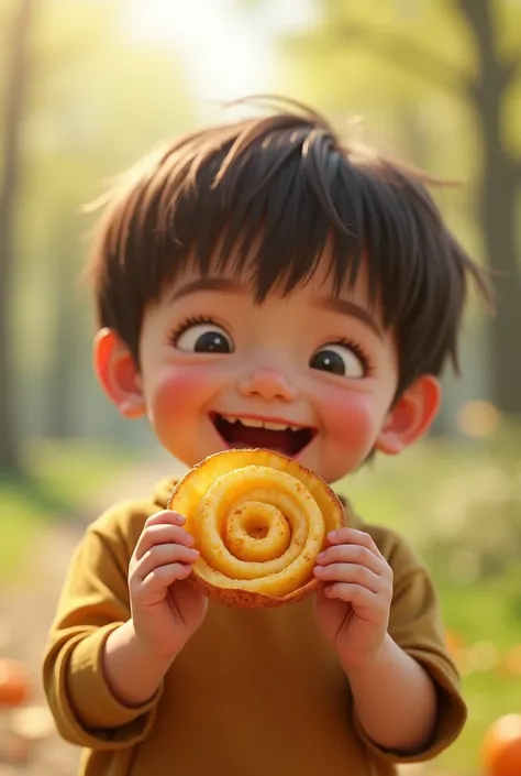 Small boy eating spring potato (potato twister) 