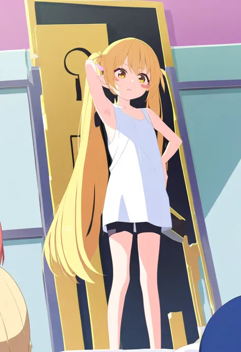 ( score_9, score_8_Far above, score_7_Far above,),Shinobu, long hair,Standing alone, blond hair , yellow eyes, pointed ears ,skinny,,pigtails, sleeveless white t-shirt , black shorts , blush stickers , bare shoulders,barefoot, session, armpits , shy,specta...