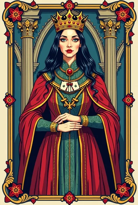 playing card Queen, illustration, color line art, medieval style.

