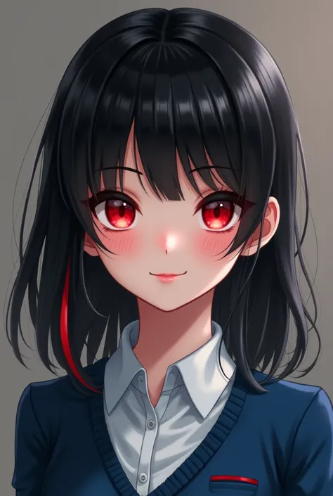 a girl with jet black hair and a little bit of red in the middle of the back of her hair. wearing a blue cardigan and a white shirt. red eye color. smiling lips