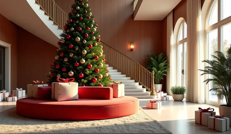 A modern living room reflects the celebration of Christmas Day. It is an empty place to walk without people. A round sofa is a big Christmas tree and a gift with an elegant staircase in the back. There are elegant white gift boxes everywhere. The color is ...