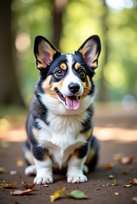 A gray and white Corgi dog with black spots in a park with trees