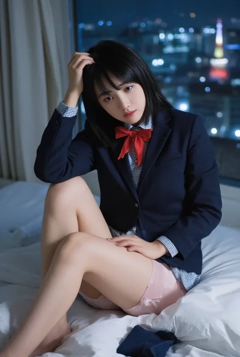  An 18-year-old female high school student is sitting on the bed and her legs are open 。 wearing a navy blue blazer and red bow 。 I can see light pink satin panties from a blue check he looks down with a very troubled expression 。Touching knee with right h...