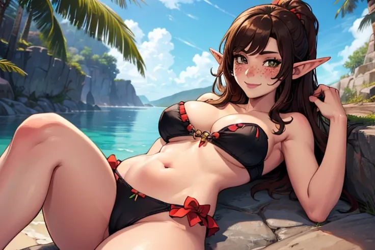 (masterpiece, high quality, highly detailed), 1girl, solo, elf, pointed ears, smile, cleavage, perfect body, long brown hair, (blush:1.2), freckles, thighs, strapless, bare shoulders, navel, midriff, (bikini:1.2), frills, looking at viewer, outdoors