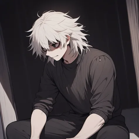 1 boy,   male focus  , kaneki ken, tokyo ghoul, sitting, normal expression,maduro,   long hair , maturity  ,   olhando para o lado  ,  point,   upper body ,   cinematic angle  , (  masterpiece  ), (   Better quality), (  super detailed  ), aesthetics,   il...