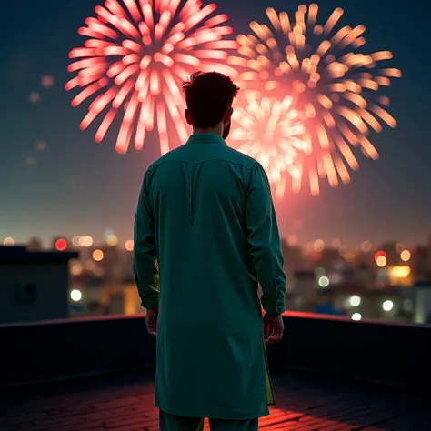 The portrait of man is standing backward on the roof, wearing light green shalwar kameez, night mode, new year event, fireworks spreading on the sky