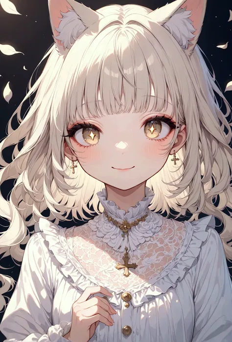    girl , (Swollen eyes:1.05), ( white lace shirt ),   platinum blonde hair , (Angled Bob:1.4),  straight bangs , ( long flowing hair ), smile,Cat Ears Happy ,  happy,  High Detail Skin ,  skin pores,  Amazing Innocent Symmetrical Face,  has long eyelashes...