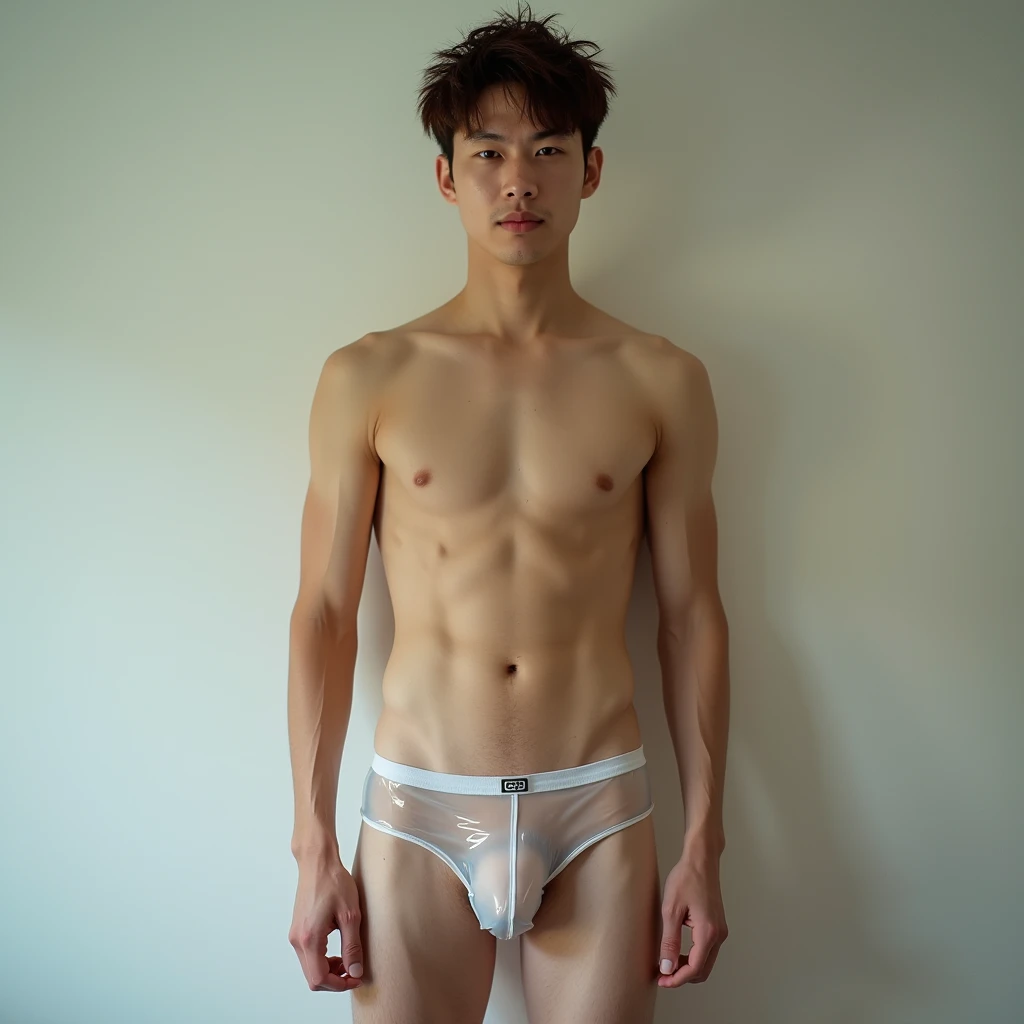 live-action, surreal,photograph, super high image quality,A handsome Japanese man in his 20s wearing extremely transparent, transparent boxer shorts made of extremely thin vinyl material with a high sense of transparency that sticks perfectly to the skin w...