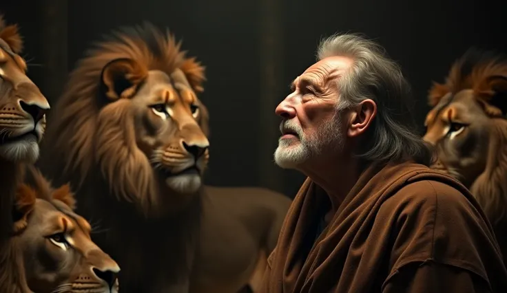  Ultra-realistic 8k cinematic scene of an 80-year-old Daniel in the lions den,  looking up with a serene expression .  Surrounded by majestic and ferocious lions in an ancient, dimly lit setting .  Lions display detailed fur texture and realistic eyes , wi...