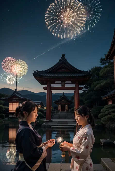 " An impressive fireworks display over a Japanese temple on New Years Eve, with a clear starry sky .  The scenery shows traditional Japanese architecture ,  such as a red torii and cherry trees .  The lights of the fireworks are reflected in a nearby lake ...