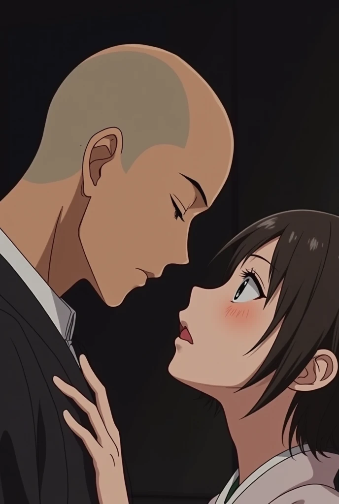  Sharp Animated Cartoon Images , The picture shows 2 men ,  kvinner ,  A young Japanese man who is a priest, bald,  handsome  .    he is a handsome man   ,   not wearing a shirt  . , ผู้ชายประกบริมฝีปากจูบ with a woman in a kimono, Bald man and girl, lips ...