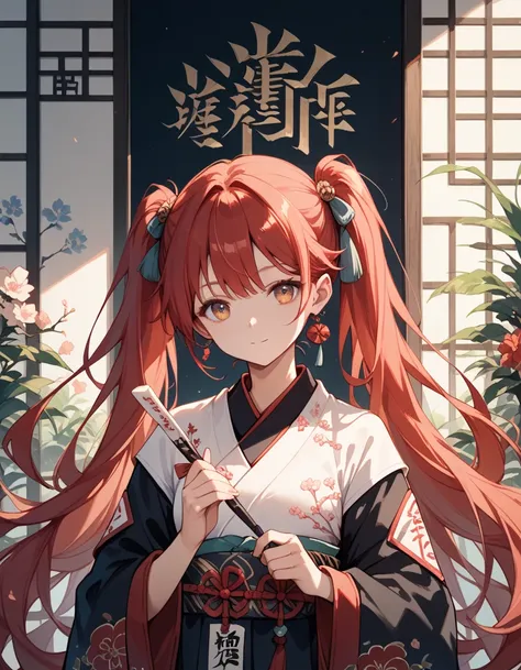 1girl,ute girl, calligraphy,  (red hair, twintails,very long hair),