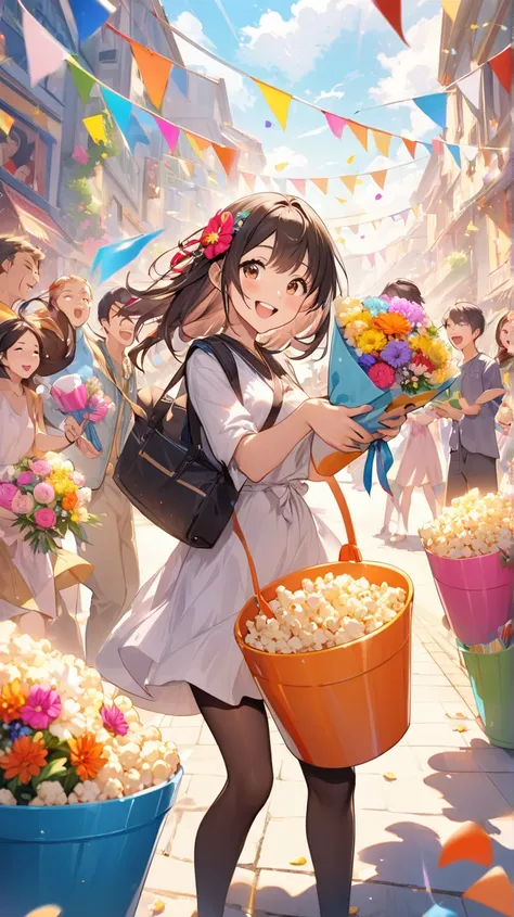 A vibrant scene featuring a young asia woman standing at the center holding a large bucket of popcorn with a cheerful expression. Behind her, a lively group of fans, both male and female, are engaged in playful activities. Some are enthusiastically playing...