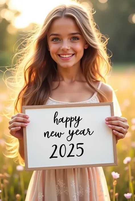 Beautiful girl with wavy long hair, bohemian dress, holding a white board with text "Happy New year 2025" and showing it to the viewer