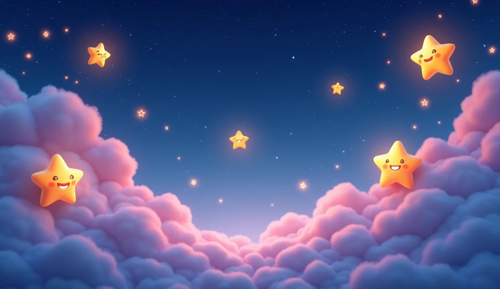  In the 3D animation style the night sky filled with happy stars, with some clouds around 