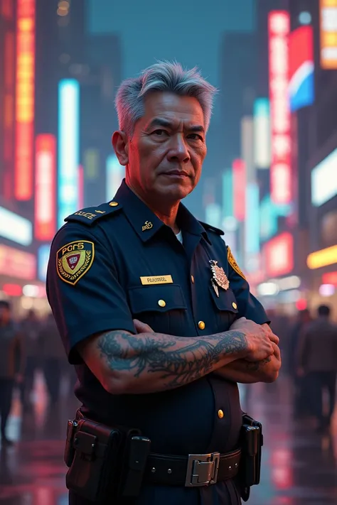 40-year-old national police with gray hair and scorpion tattoo congratulating New Year 2025