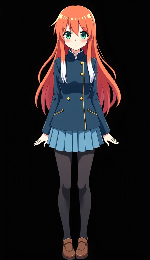 Create a female character from the anime Jujutsu Kaisën long fiery orange red hair with two white locks highlighted in the front of the hair  light blue-green eyes full body blue coat short blue skirt with black tights and brown shoes black background 