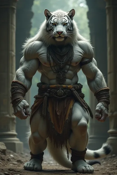 A mythical humanoid figure with the head of a Siberian tiger, muscular and imposing, with dark white skin. He is wearing detailed tribal attire, adorned with ancient jewelry and ornaments. The setting is an ancient temple in ruins, with weathered stone wal...