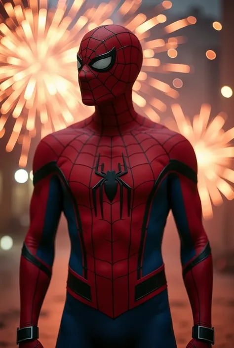 Spider man celebrating new year, firecracers, dusty, super realistic, skin details, photorealistic, full body, raw ptoto, minor details, superhero pose, new suit, high resolution, best quality, highly detailed, realistic, masterpiece, detailed, dramatic ba...