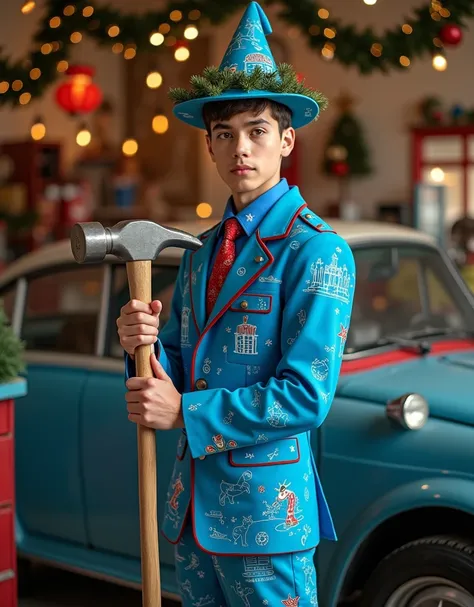 young Male mechanic ,  very short hair ,  in a bright blue New Years suit with New Years drawings,  wearing a hat decorated with a garland , standing next to a car in his garage with a sledgehammer in his hands,  garage decorated for Christmas ,   looking ...