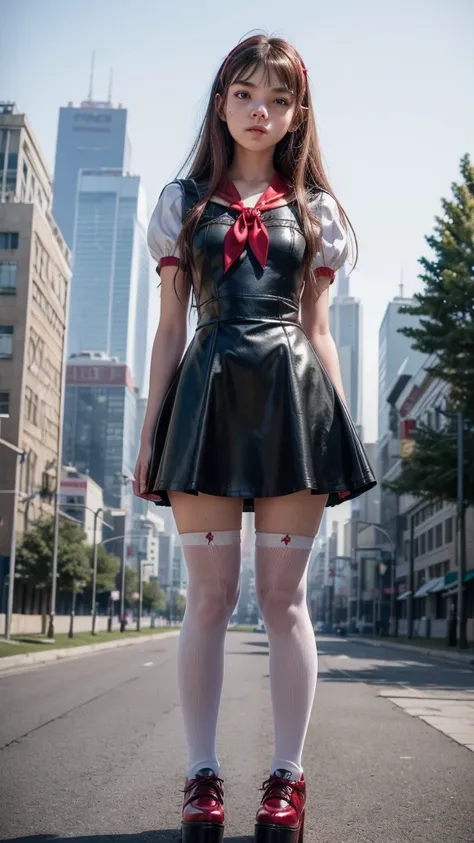 ((full body)), ((fitted  figure , cute beautiful  teenage  schoolgirl)), ((beautiful cute teen Anya Taylor-Joy face)), ((High Waisted red leather skater pinafore dress)), ((shiny satin  white blouse short puffy sleeves)), High Waisted red leather fluffy sk...