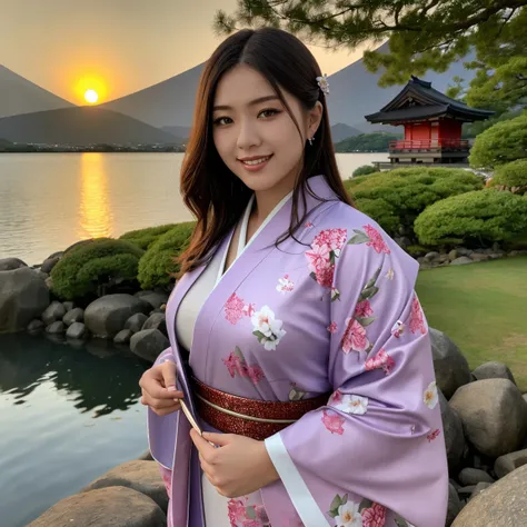 masterpiece,best quality,ultra-detailed,photo-realistic,soft lighting,full body,(ultra-detailed gorgeous and Glittering kimono:1.2),Japanese-styles hair,(Three girls frontal body),curvy body,Eggplant in hand,happy smile,text as "2025" on background,front v...