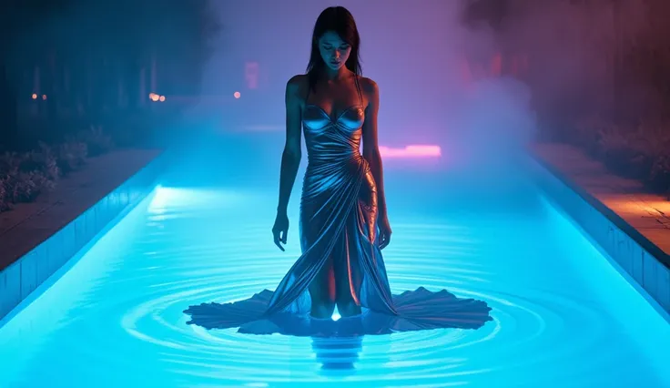 A woman gazes into a glowing pool, her reflection shimmering with neon hues. Her metallic dress ripples like water, blending her with the scene.