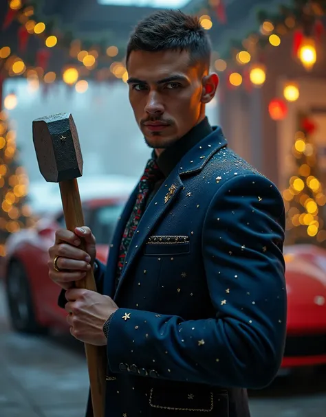 a man in a dark blue christmas suit with a short haircut, holding a sledgehammer next to a car in a garage decorated for christmas, (best quality,4k,8k,highres,masterpiece:1.2),ultra-detailed,(realistic,photorealistic,photo-realistic:1.37),highly detailed ...