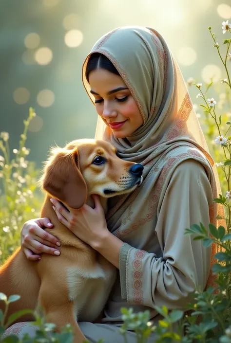 hijab woman is breastfeeding a dog through her breast milk