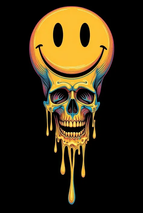 An avant-garde, psychedelic art illustration that combines surrealism and minimalism. It features a classic smiley face melting into a skull, with vibrant, flowing lines transitioning from warm colors at the top to cooler hues at the bottom. The smiley fac...