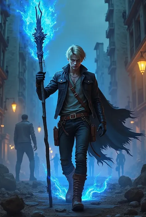 A blonde young man with blue eyes dressed as a biker wielding an ebony staff channels blue fire to protect himself from demons as he travels through a ruined city at night.