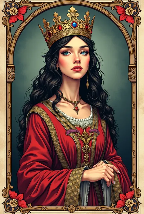 playing card Queen, illustration, portrait color line art, medieval style.

