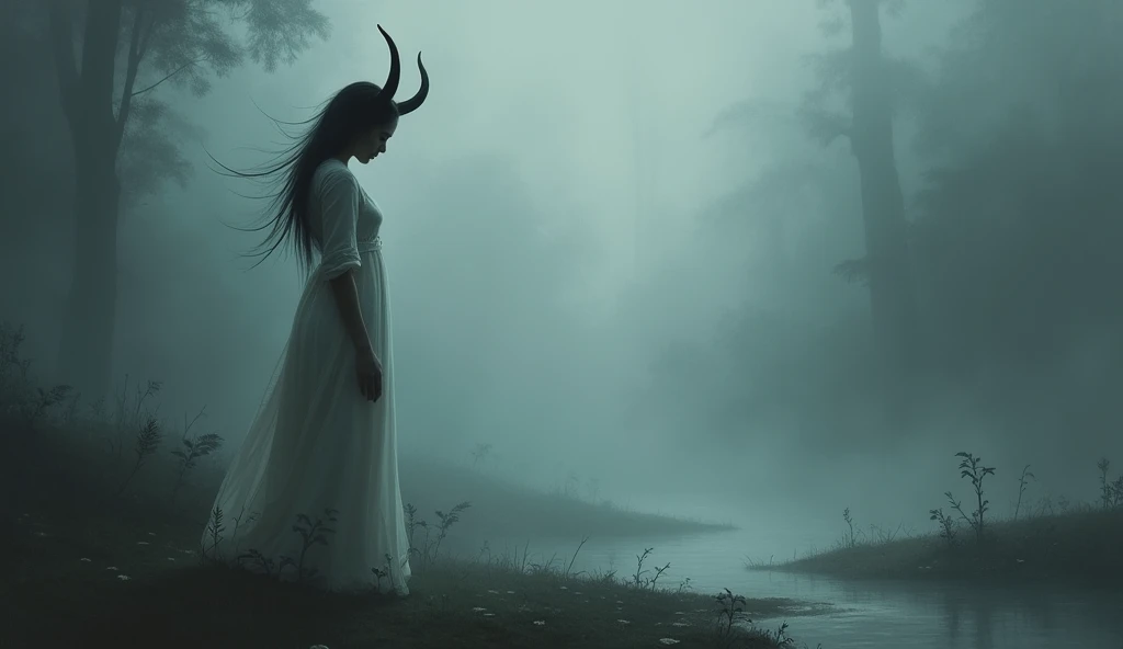 heavy fog ,  dark environment, Woman in white clothes and head with horns, Impressionist art style