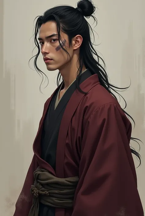 full body of an Asian man of approximately 20 years old, with long hair tied in a bun, with a scar on the entire side of his face, wearing a dark wine colored kimono