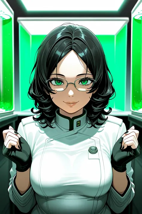 Girl, scientist, slender body, curly hair, black dark hair, messy, glasses, white jacket, parted bangs, gloves, medium hair, black nails, green eyes,, kind smile, plump lips, medium breasts, laboratory, slim