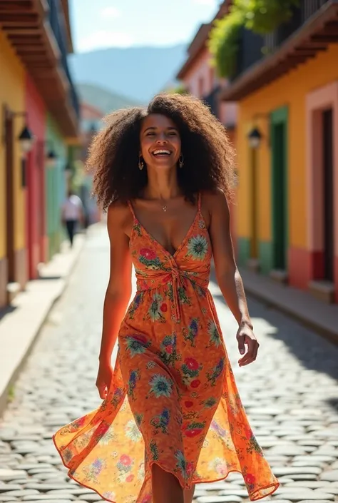 A cheerful 30-year-old Latina woman with curly hair, wearing a colorful summer dress with floral patterns, walking on a cobblestone street in a picturesque Latin American town. Bright sunlight, vibrant colors, and a relaxed, joyful expression.
