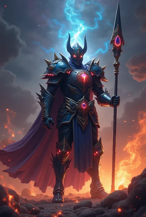  A dark knight wearing colored armor and a cosmic appearance and using a spear around a dark fire, The background is infinite space .  High resolution ,  masterpiece ,  Better quality, Necessary, 