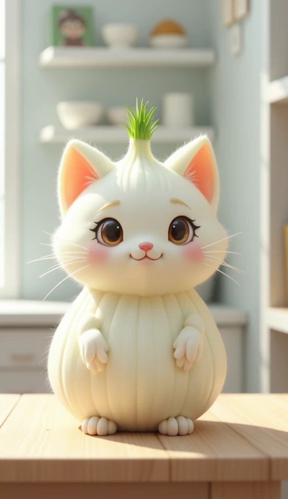 A kitten in the shape of a white onion is sitting on a table, with its entire body resembling a white onion. The kitten has pointed eyes, ears, and whiskers, and the top of the onion has an onion stem. The kitten looks cheerful and happy. In the background...