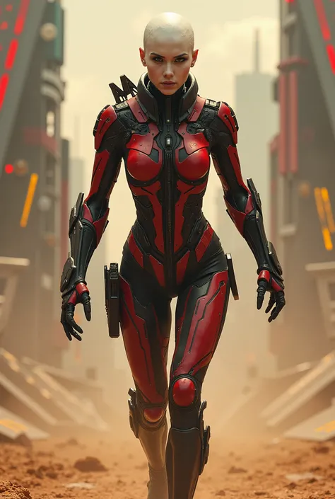 total length view. (cyborg woman) bold, threatening look. " full body shot ,   from head to toe  , total length, Wide field of view, centered, no frame" female cyborg running , red and black. Dynamic image,  the cyborgs entire body in motion,  futuristic c...