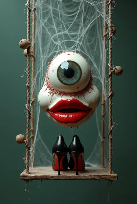 3d, red lips and eyeball with high heels, surreal spiderweb on a swing background