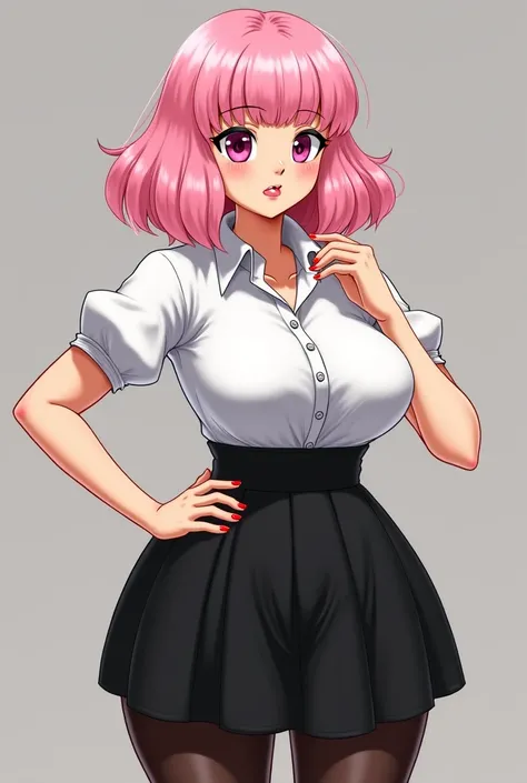 Change Junko Enoshima into a female with a creamy yellow-ish Asian hue. light pink hair. Her eyes become larger and more doe like as her lips plump up with lipstick into pillowy cock sleeves and a permanent pout. Her nose cracks and becomes more of a butto...