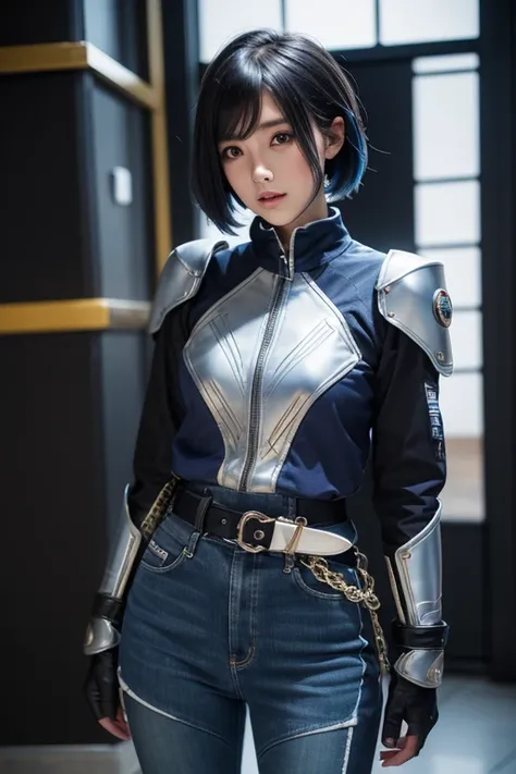 Combat anime spy girl style ,  short black hair with tips dyed dark blue  ,   designed with a modern and bold style  . Her hair is slightly disheveled to give it a dynamic and youthful touch. Her eyes are large and a deep blue color,  that reflect trust an...