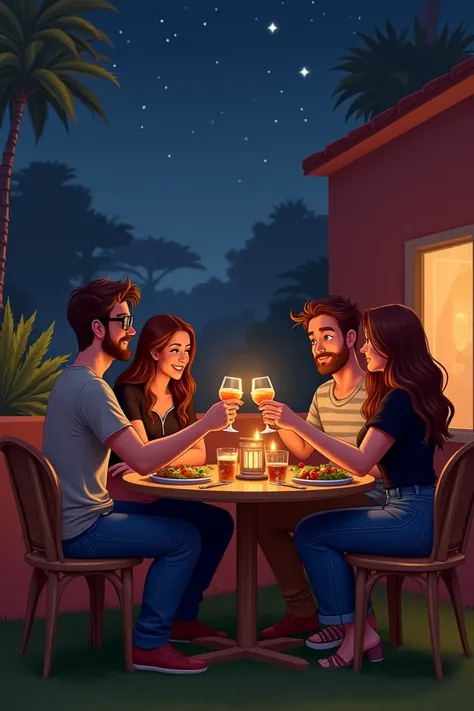  Create an image of two couples having dinner on a terrace of a duplex .  The terrace has artificial grass on the floor and maroon walls.  A couple consists of a tall boy , chestnut claro,  with blue eyes and t-shirt rimless glasses with a little beard .  ...