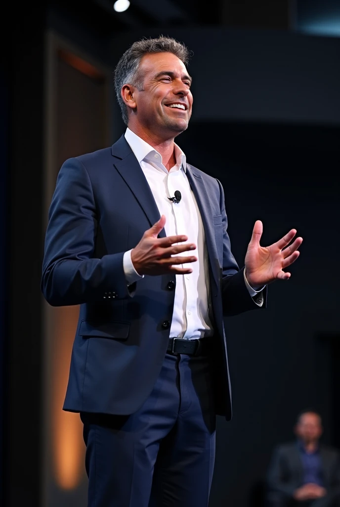 Create an image of Roberto Castellani, 49 years old and weighing 87 kg, at one of his conferences, gently gesturing with his hands while smiling confidently and receptively at the audience. He is dressed in a dark blue suit and a white shirt in a smart-cas...