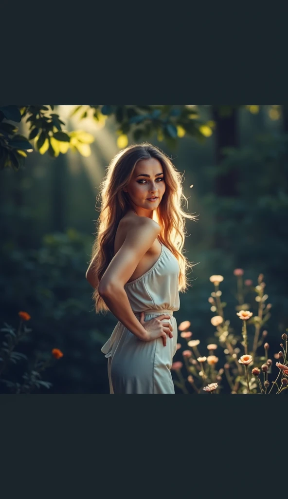 POSITIVE PROMPT:
"Ultra-detailed portrait of a stunning young woman with intense deep brown eyes and rich dark brown hair in golden hour lighting, surrounded by blooming jasmine flowers and green foliage. Long flowing dark chocolate brown hair with subtle ...